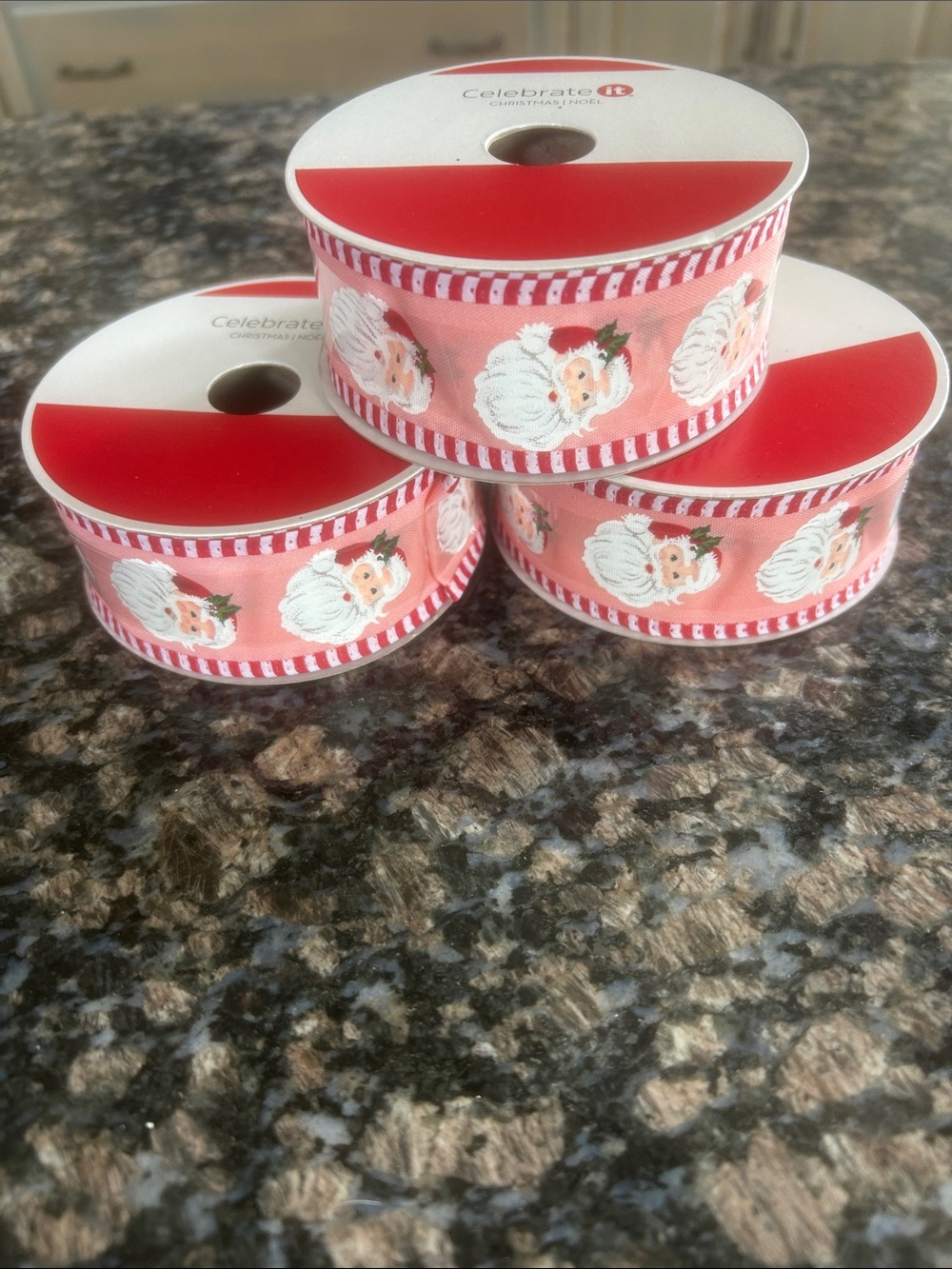 CELEBRATE IT SANTA FACE WIRED RIBBON 1.5" x30 FT LOT OF 3 NWT